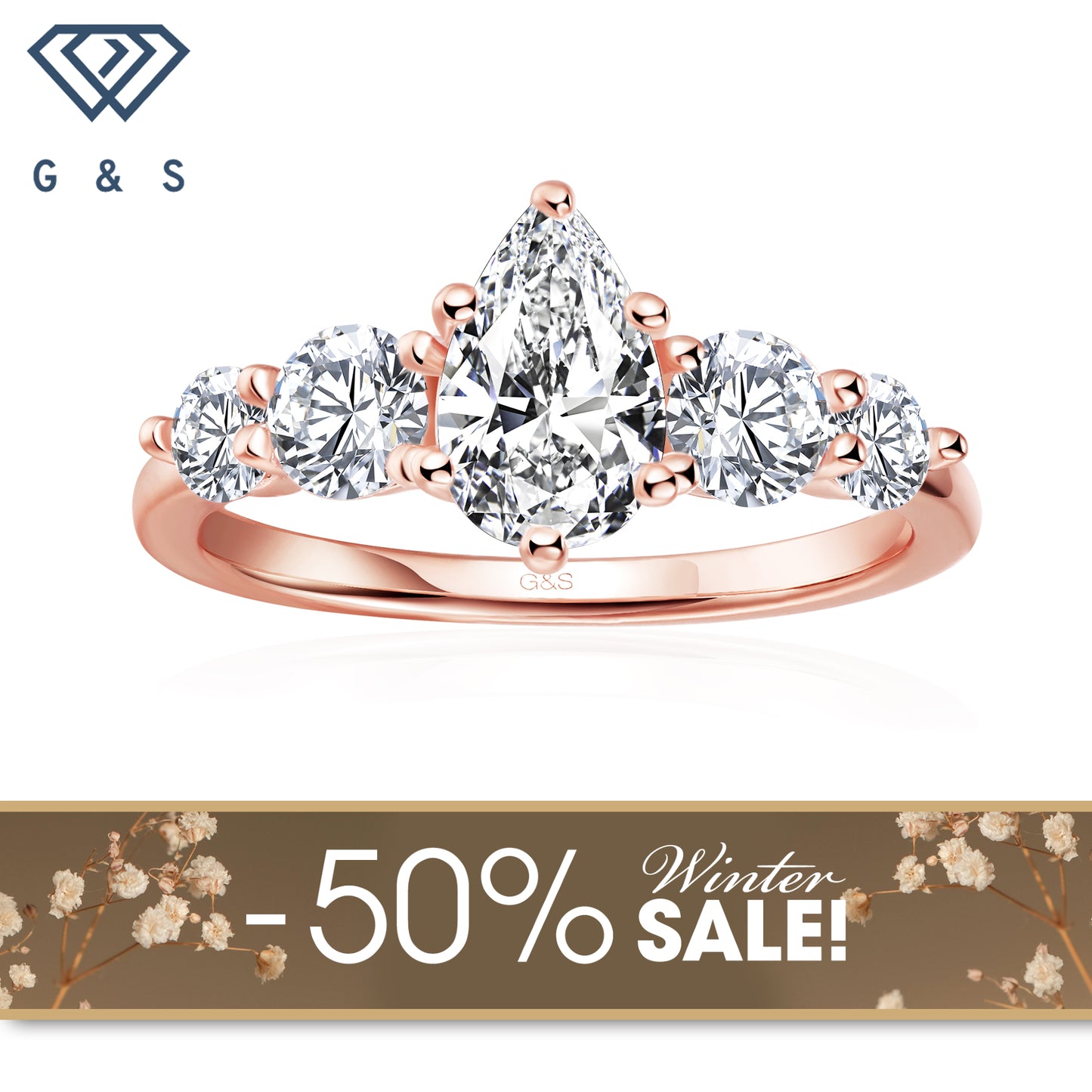 Eternal Brilliance Five-Stone Pear Shape Moissanite Engagement Ring - 18ct Rose Gold Plated - Winter Sale