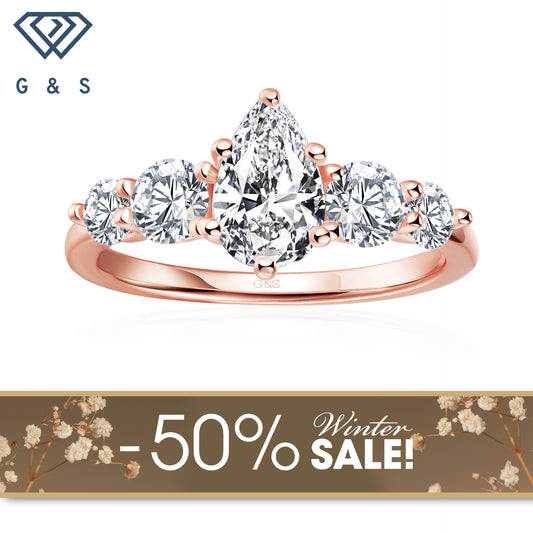 Eternal Brilliance Five-Stone Pear Shape Moissanite Engagement Ring - 18ct Rose Gold Plated - Winter Sale