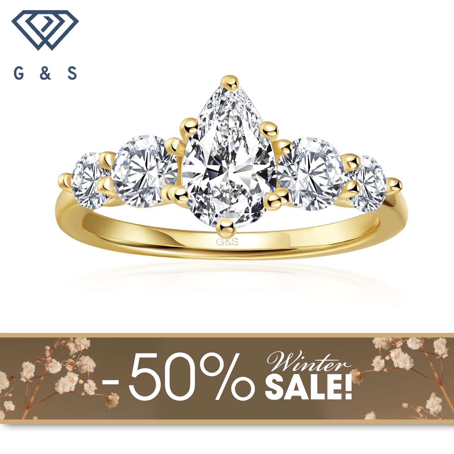 Eternal Brilliance Five-Stone Pear Shape Moissanite Engagement Ring - 18ct Yellow Gold Plated - Winter Sale