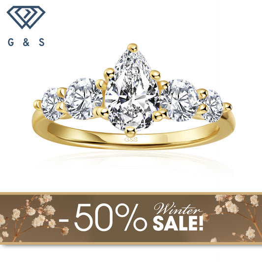 Eternal Brilliance Five-Stone Pear Shape Moissanite Engagement Ring - 18ct Yellow Gold Plated - Winter Sale