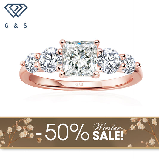 Eternal Brilliance Five-Stone Princess Cut Moissanite Engagement Ring - 18ct Rose Gold Plated - Winter Sale