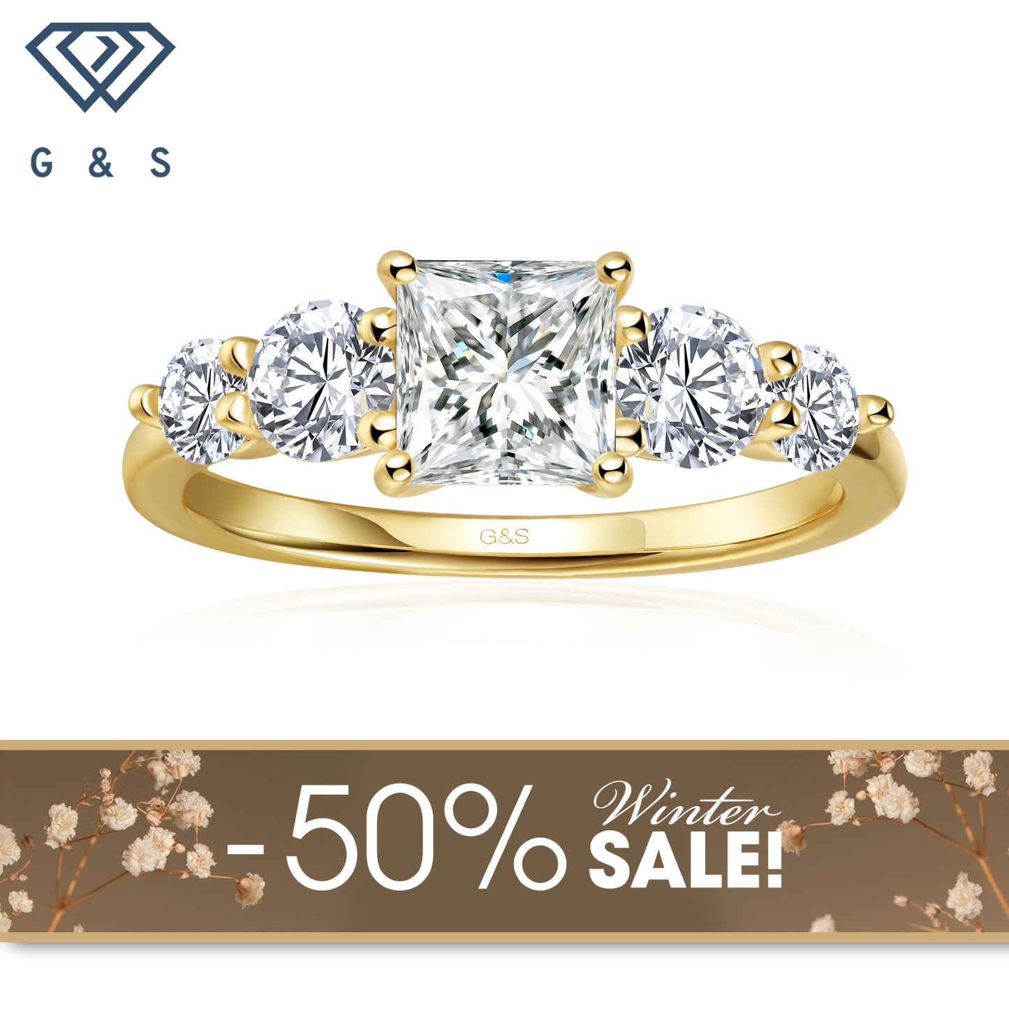 Eternal Brilliance Five-Stone Princess Cut Moissanite Engagement Ring - 18ct Yellow Gold Plated - Winter Sale