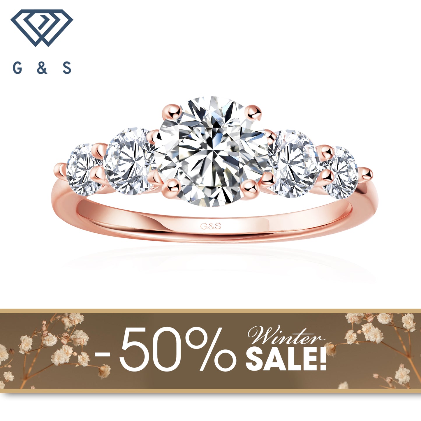 Eternal Brilliance Five-Stone Round Brilliant Moissanite Engagement Ring - 18ct Rose Gold Plated - Winter Sale