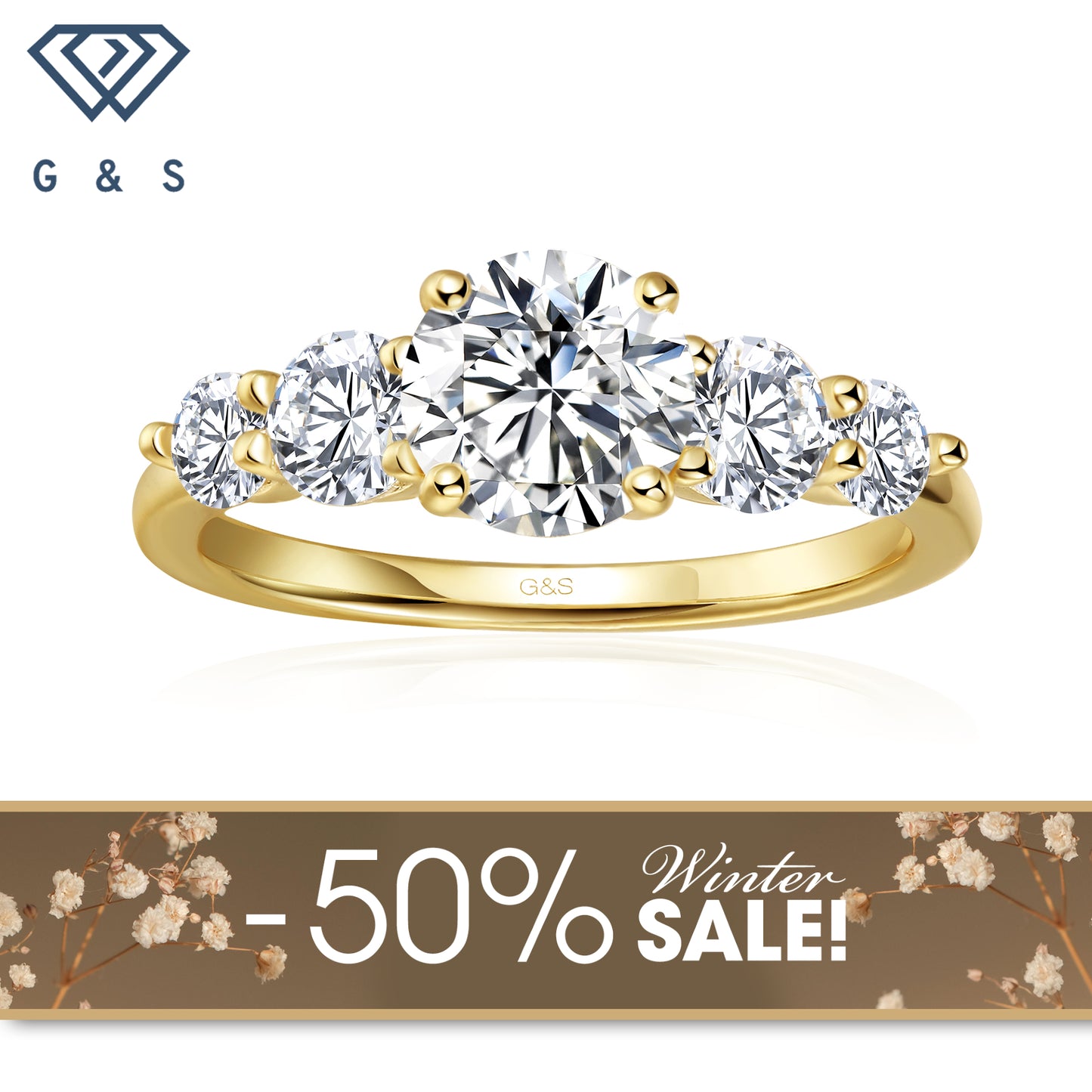 Eternal Brilliance Five-Stone Round Brilliant Moissanite Engagement Ring - 18ct Yellow Gold Plated - Winter Sale