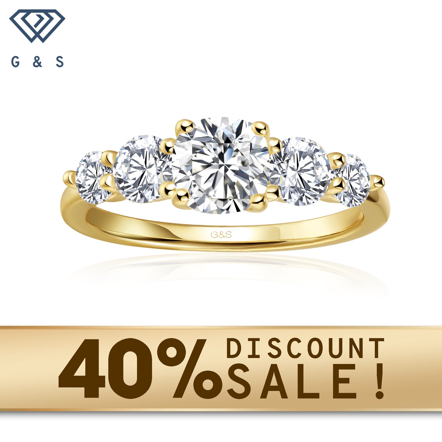 A 9ct yellow gold engagement ring featuring five beautifully cut cushion moissanites, symbolizing enduring love.