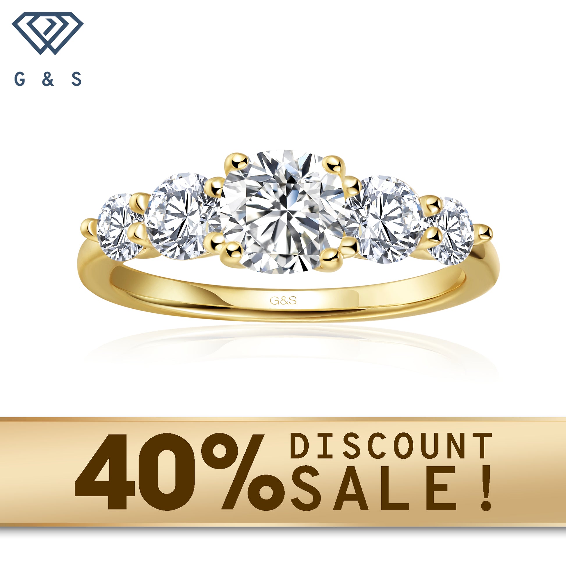 A 9ct yellow gold engagement ring featuring five beautifully cut cushion moissanites, symbolizing enduring love.