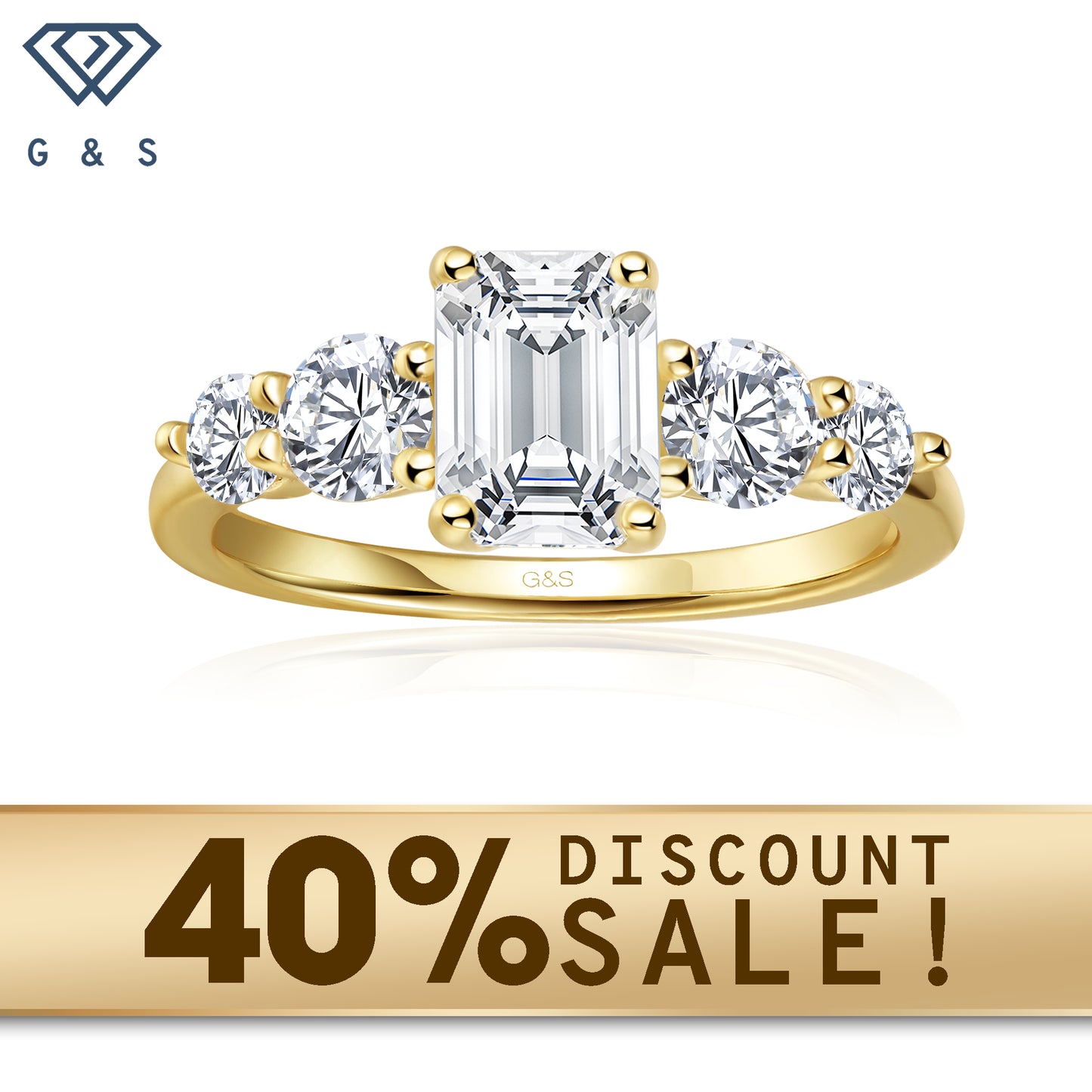 A 9ct yellow gold engagement ring featuring five elegant emerald cut moissanites, symbolizing enduring love.