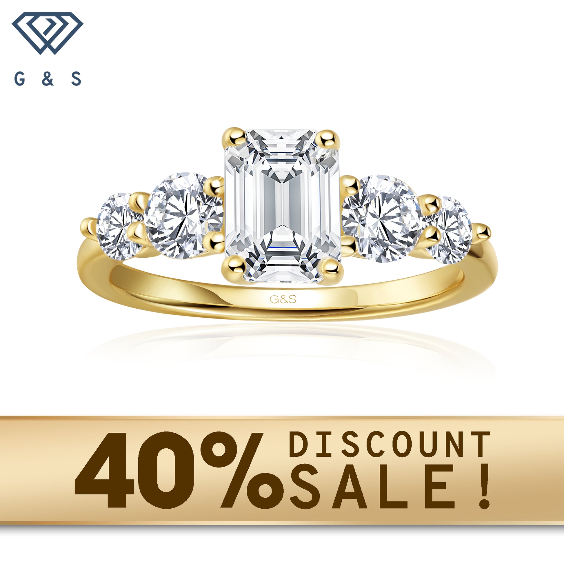 A 9ct yellow gold engagement ring featuring five elegant emerald cut moissanites, symbolizing enduring love.