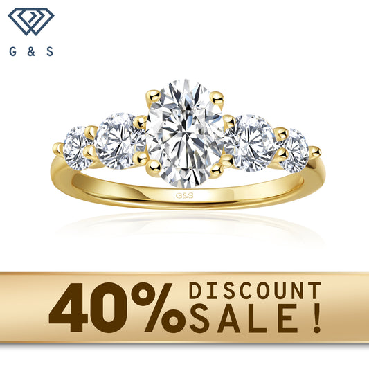 A 9ct yellow gold engagement ring featuring five sparkling oval cut moissanites, symbolizing enduring love and commitment.