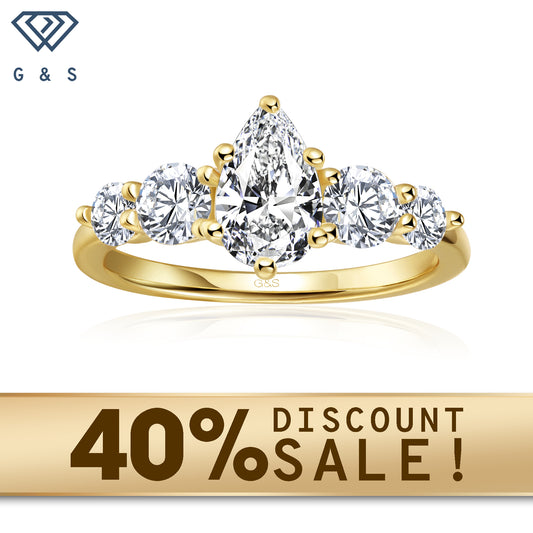 A 9ct yellow gold ring featuring five elegant pear-shaped moissanites, representing a journey of love.
