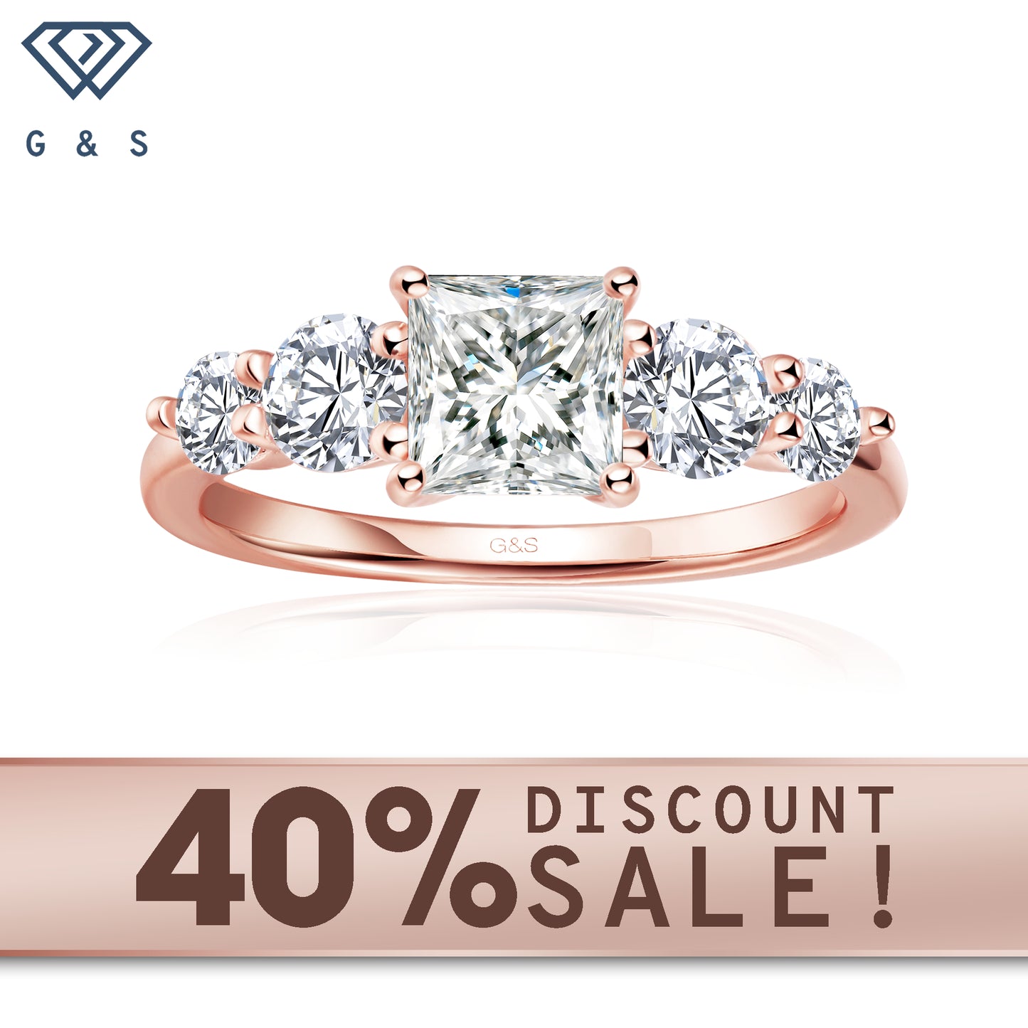 Eternal Brilliance five-stone princess cut moissanite engagement ring set in 9ct rose gold.