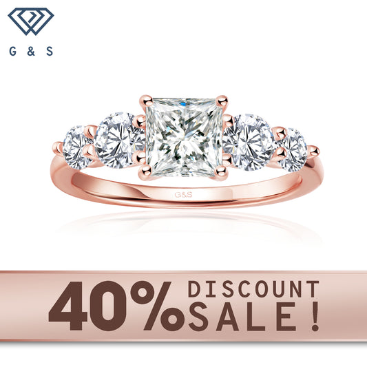 Eternal Brilliance five-stone princess cut moissanite engagement ring set in 9ct rose gold.