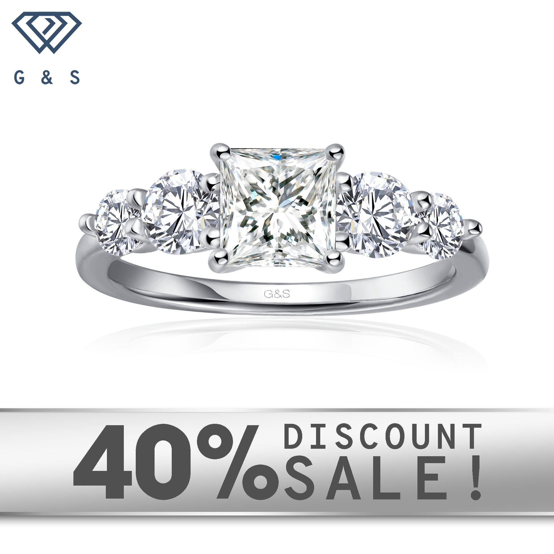 Eternal Brilliance five-stone princess cut moissanite engagement ring set in 9ct white gold.