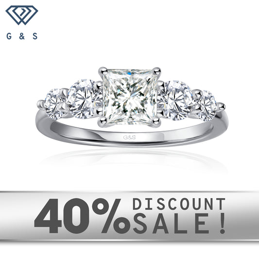 Eternal Brilliance five-stone princess cut moissanite engagement ring set in 9ct white gold.