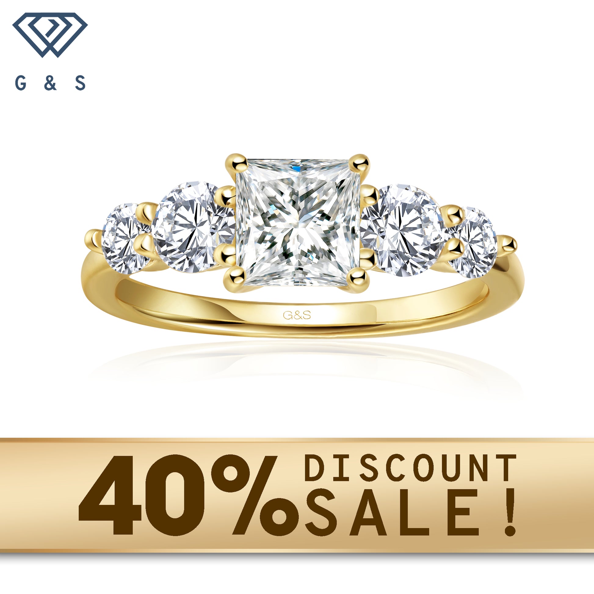 A timeless 9ct yellow gold ring featuring five sparkling princess cut moissanites, symbolizing past, present, and future.