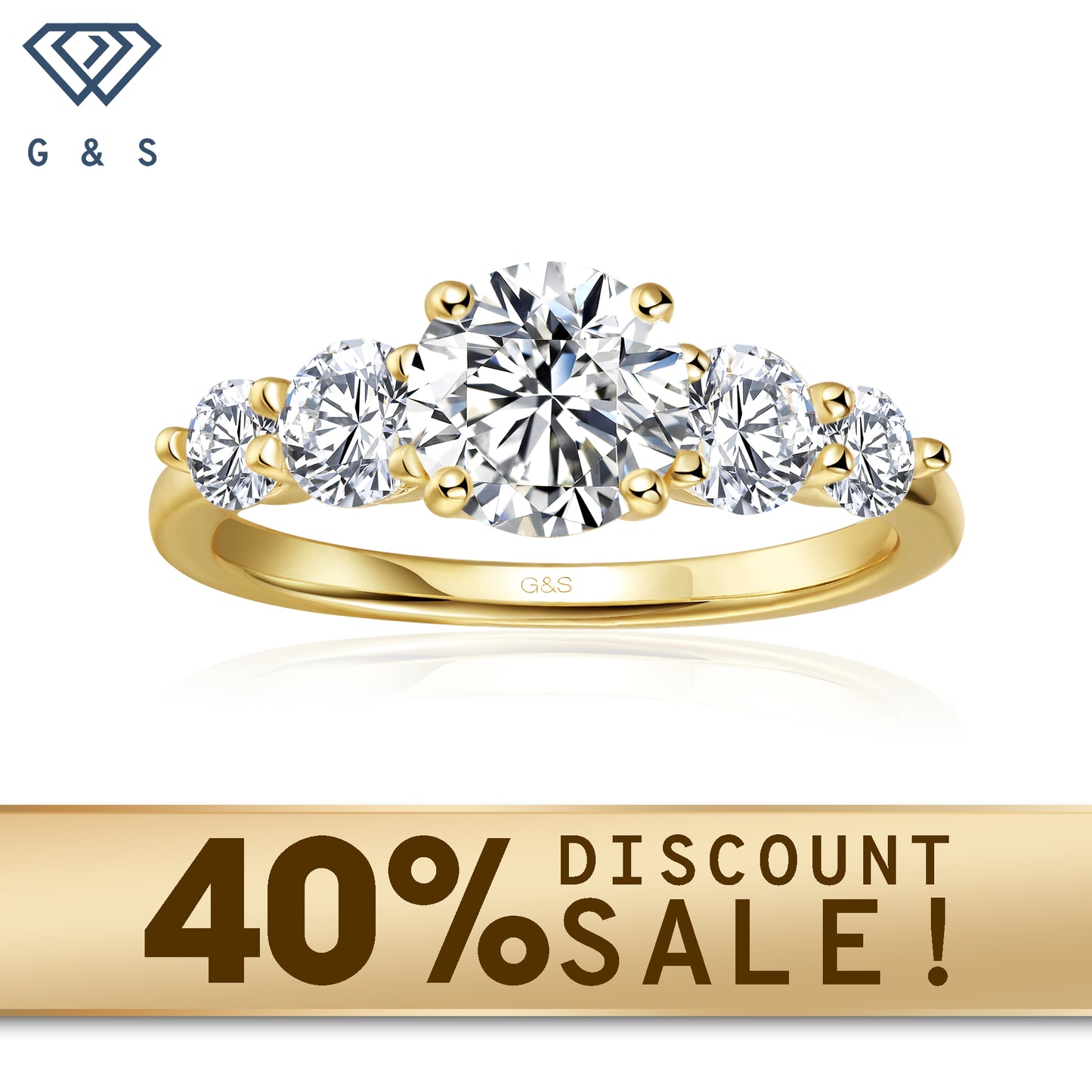 A 9ct yellow gold engagement ring featuring five sparkling round brilliant moissanites, symbolizing enduring love.