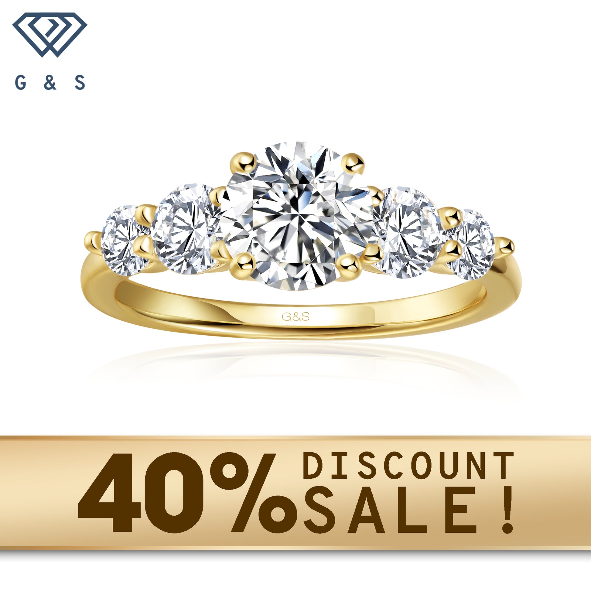 A 9ct yellow gold engagement ring featuring five sparkling round brilliant moissanites, symbolizing enduring love.
