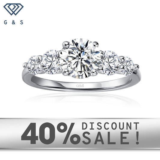 Eternal Brilliance five-stone round brilliant moissanite engagement ring set in 9ct white gold.