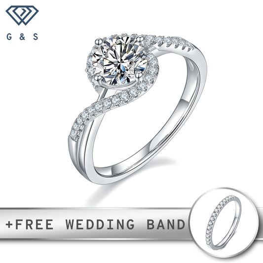 A stunning engagement ring featuring a brilliant 1.00ct moissanite center stone surrounded by a sparkling halo, set in polished sterling silver.