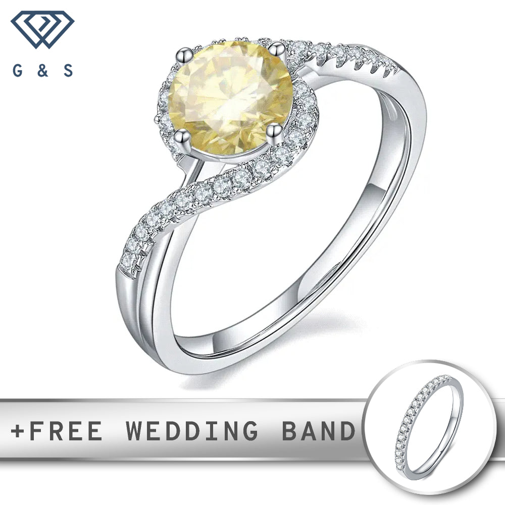 A captivating engagement ring featuring a vibrant 1.00ct yellow moissanite center stone, surrounded by a delicate halo of smaller stones, all set in polished sterling silver.