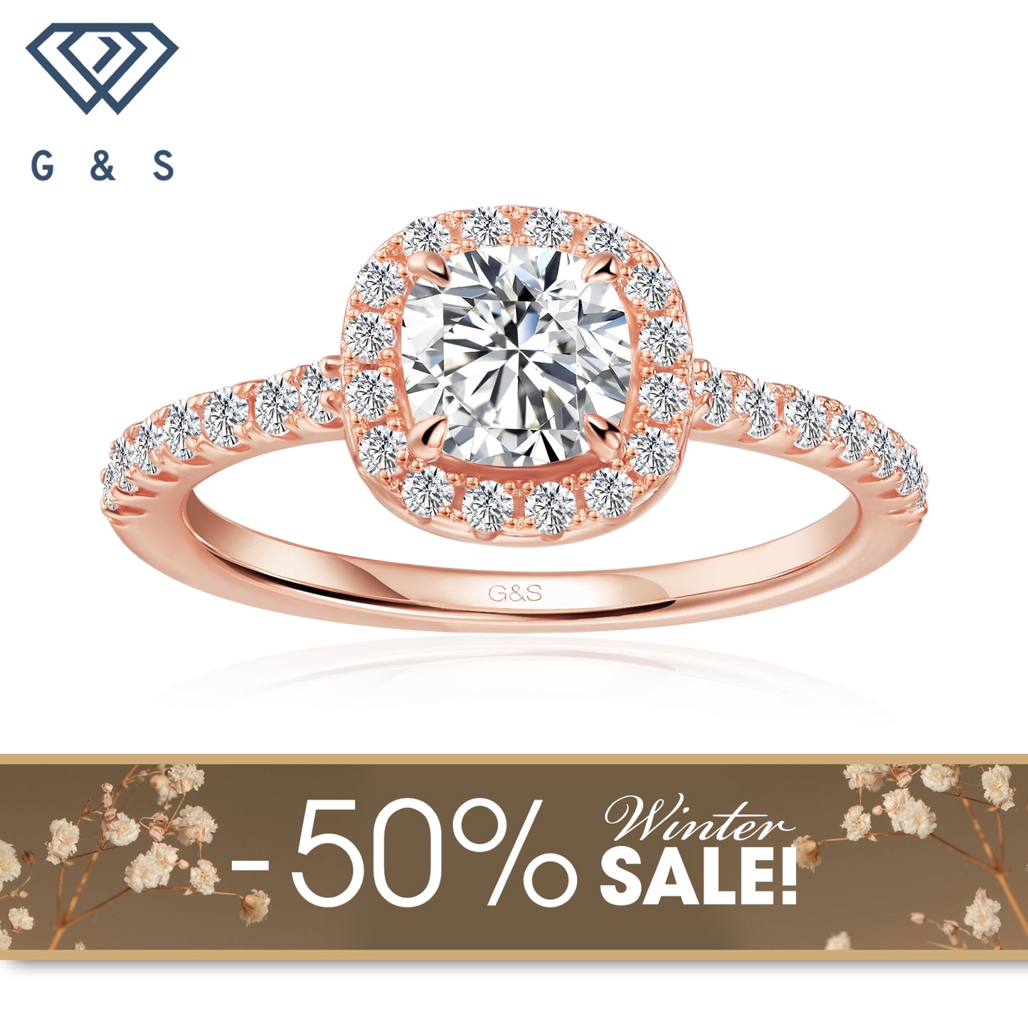 Forever Classic Halo Cushion Cut Moissanite Engagement Ring - 18ct Rose Gold Plated - Winter Sale