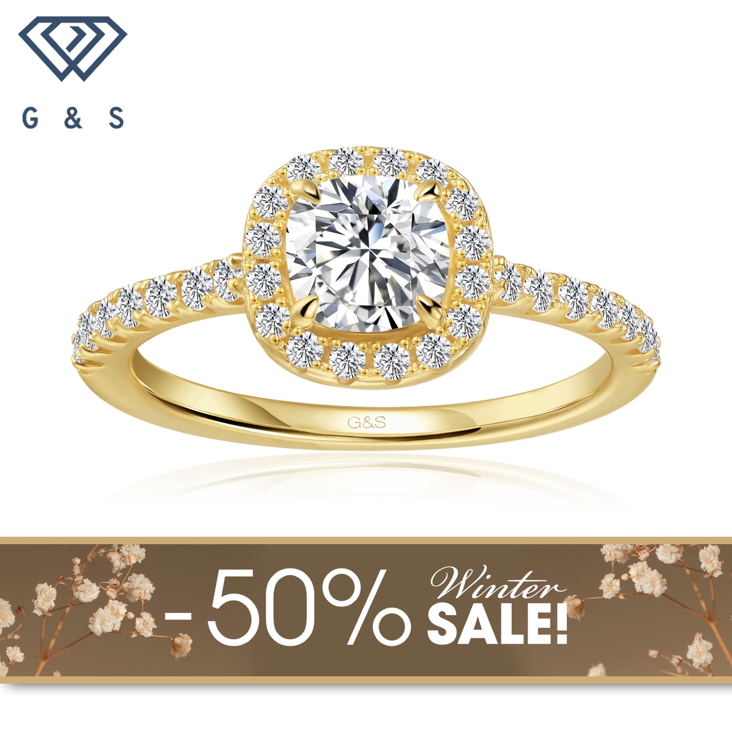Forever Classic Halo Cushion Cut Moissanite Engagement Ring - 18ct Yellow Gold Plated - Winter Sale