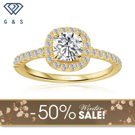 Forever Classic Halo Cushion Cut Moissanite Engagement Ring - 18ct Yellow Gold Plated - Winter Sale