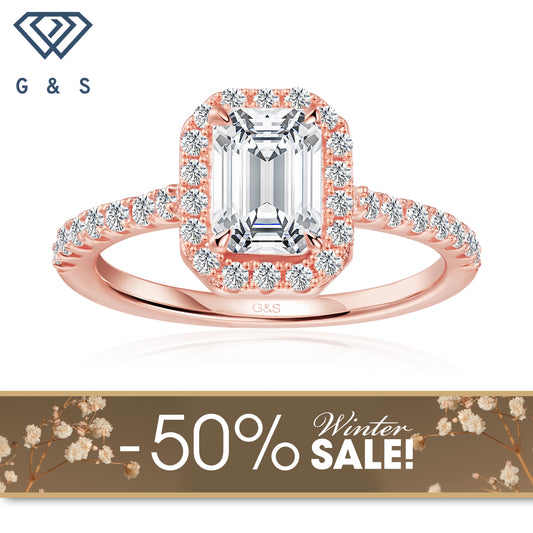 Forever Classic Halo Emerald Cut Moissanite Engagement Ring - 18ct Rose Gold Plated - Winter Sale