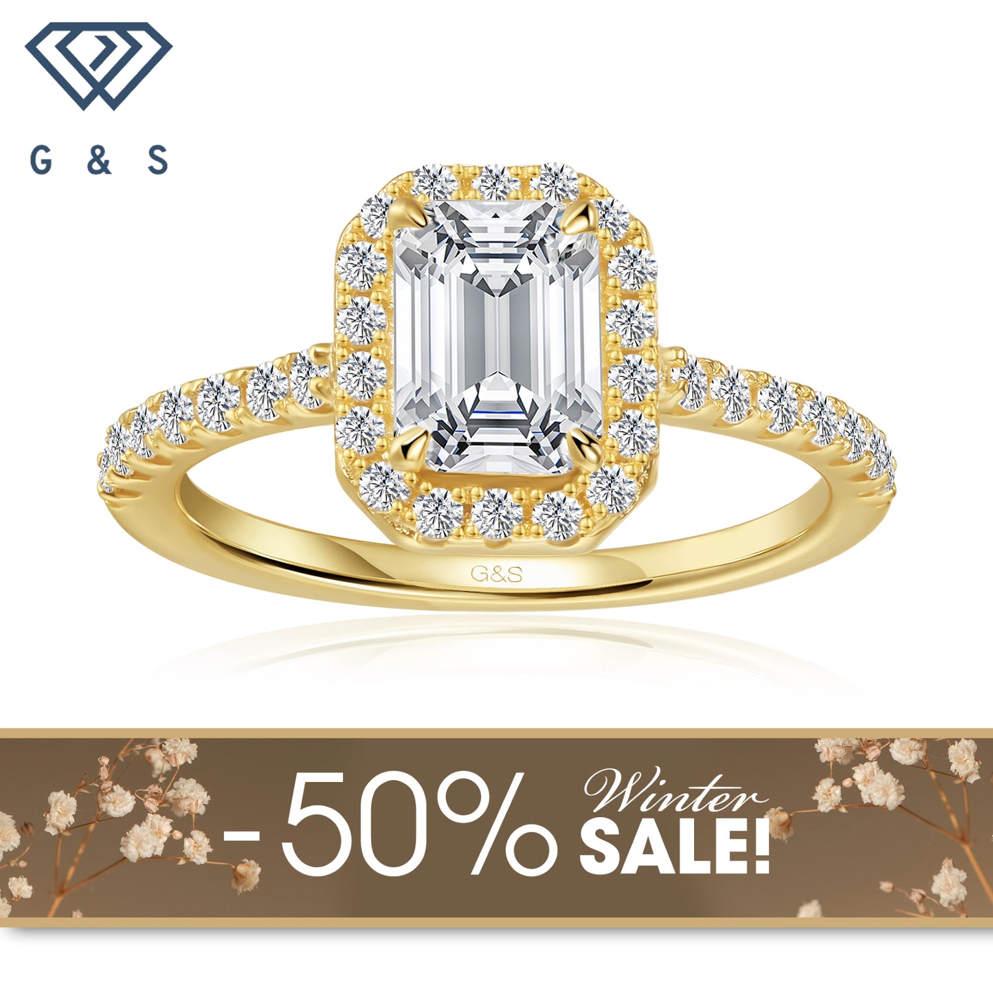 Forever Classic Halo Emerald Cut Moissanite Engagement Ring - 18ct Yellow Gold Plated - Winter Sale