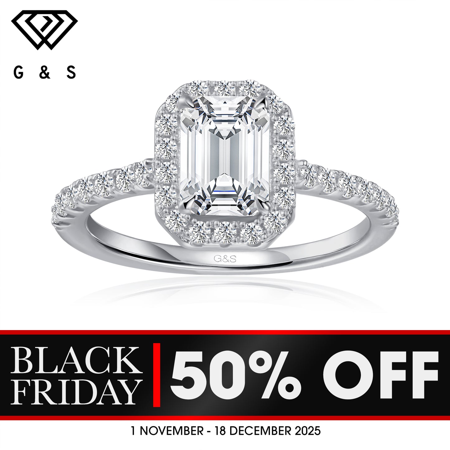 Forever Classic Halo Emerald Cut Moissanite Engagement Ring - BLACKFRIDAY
