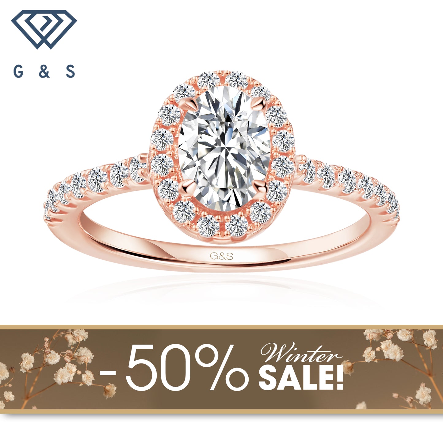 Forever Classic Halo Oval Cut Moissanite Engagement Ring - 18ct Rose Gold Plated - Winter Sale