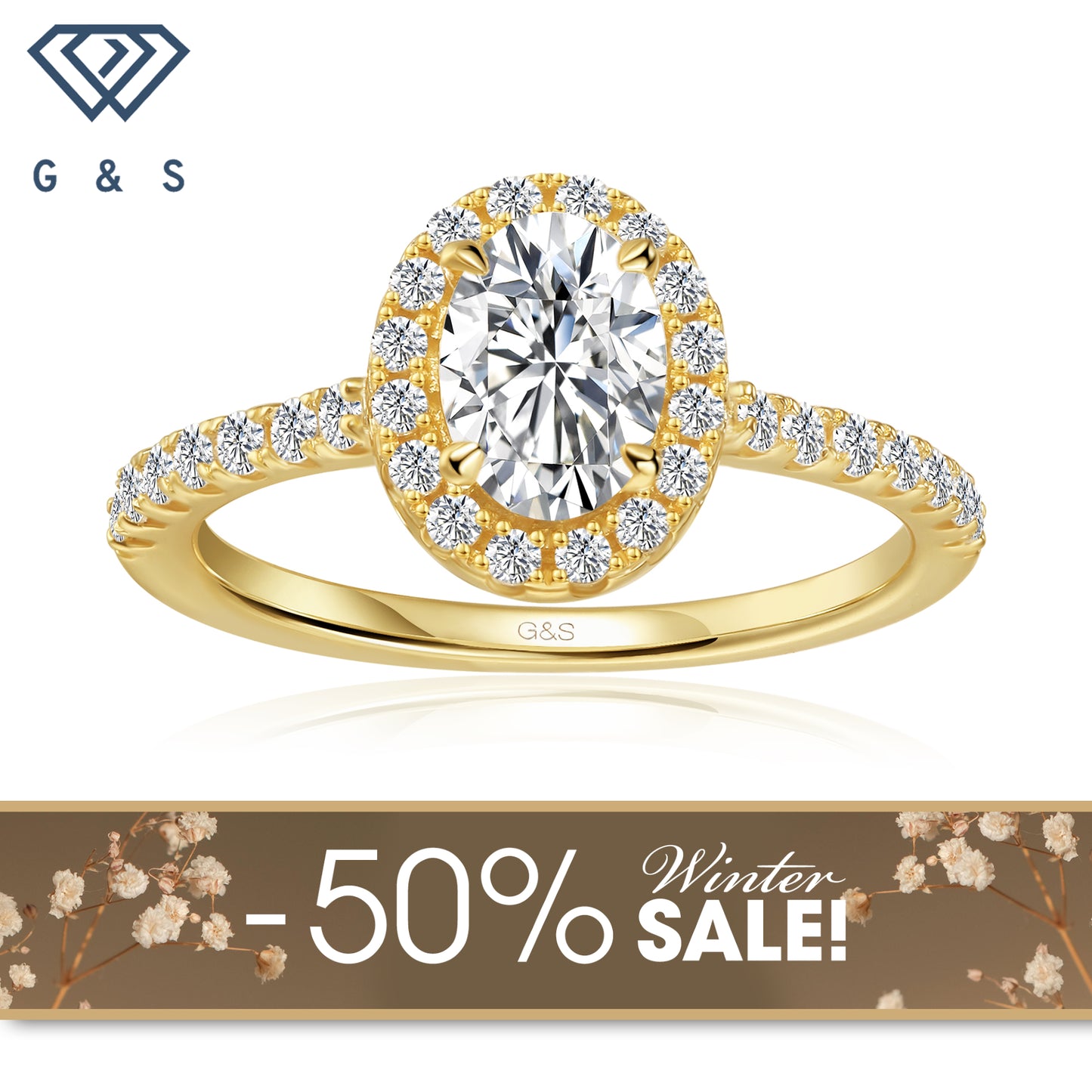 Forever Classic Halo Oval Cut Moissanite Engagement Ring - 18ct Yellow Gold Plated - Winter Sale