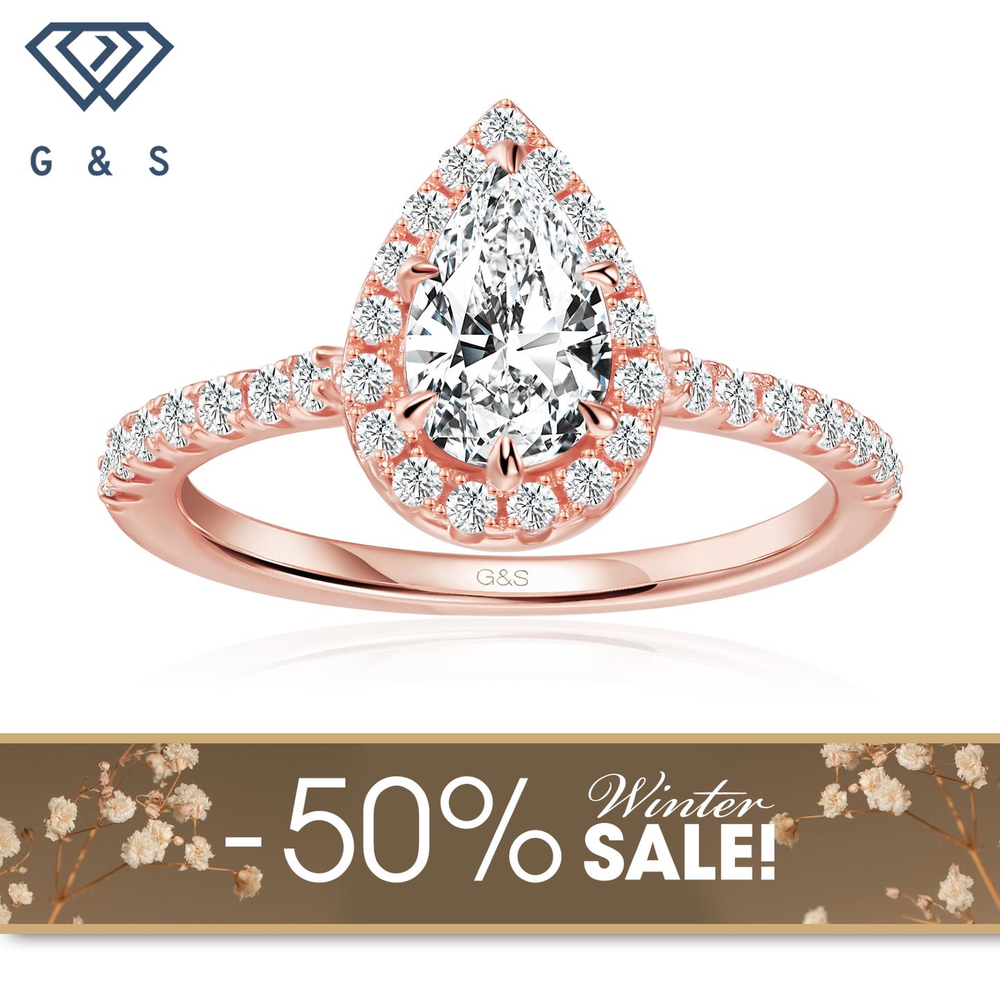 Forever Classic Halo Pear Shape Moissanite Engagement Ring - 18ct Rose Gold - Winter Sale