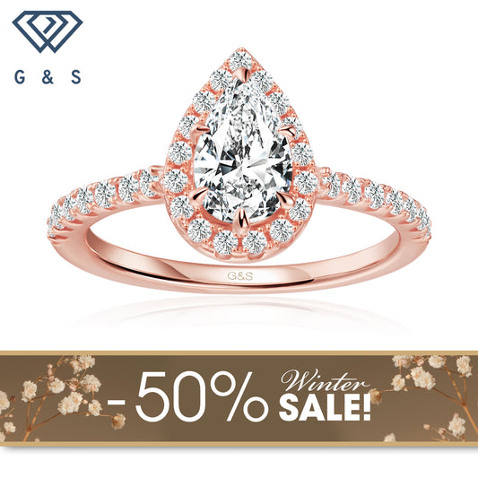 Forever Classic Halo Pear Shape Moissanite Engagement Ring - 18ct Rose Gold - Winter Sale