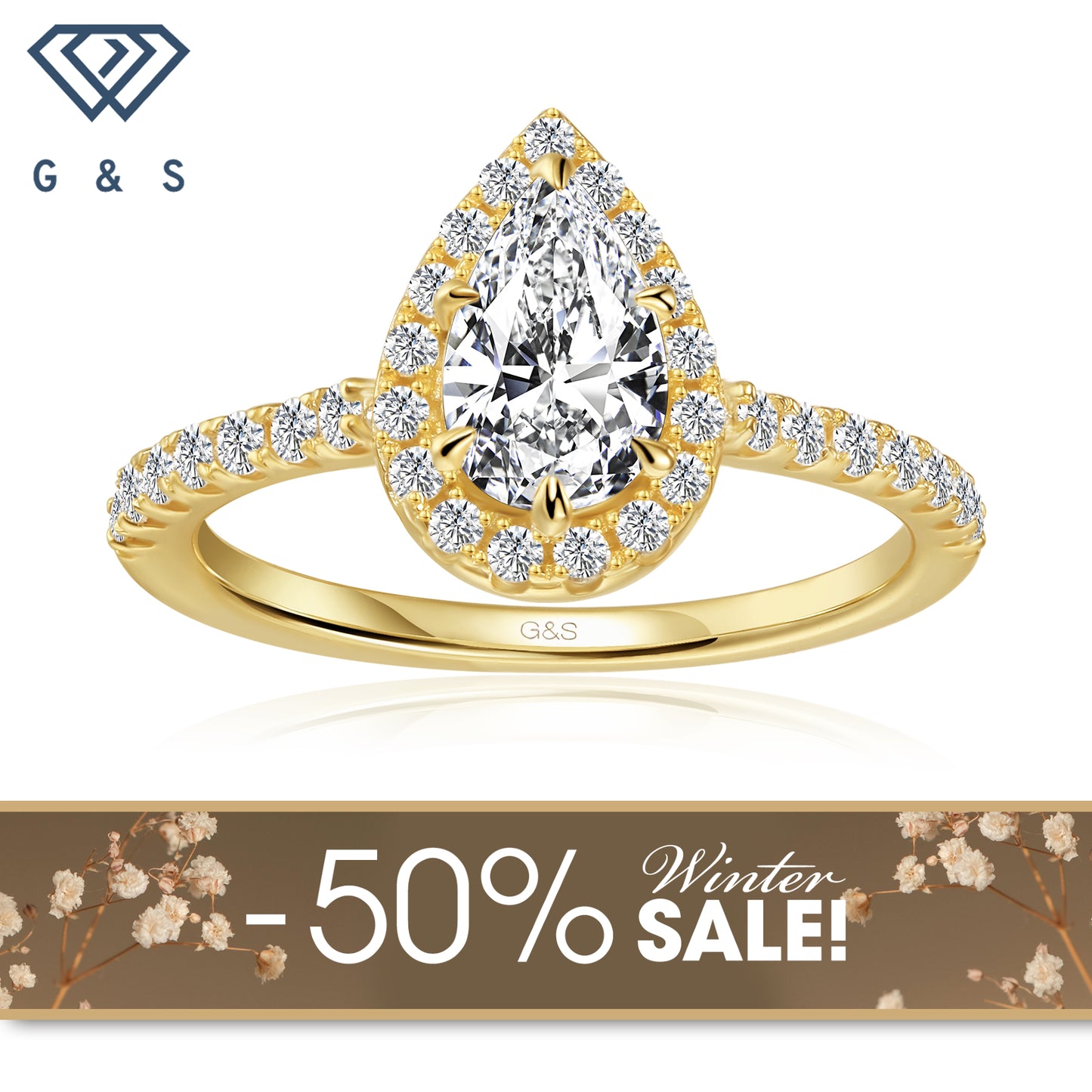 Forever Classic Halo Pear Shape Moissanite Engagement Ring - 18ct Yellow Gold Plated - Winter Sale
