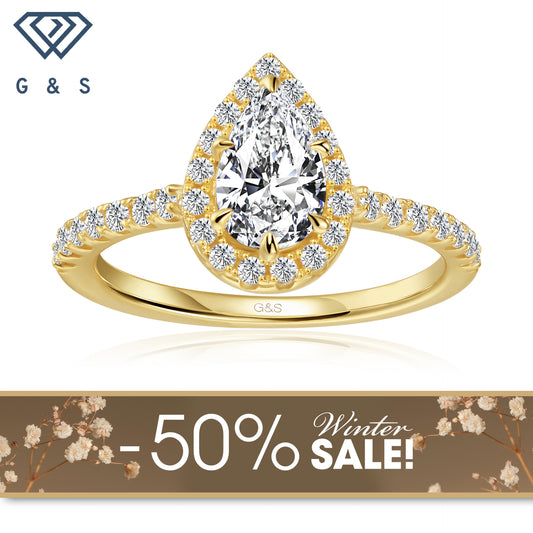 Forever Classic Halo Pear Shape Moissanite Engagement Ring - 18ct Yellow Gold Plated - Winter Sale