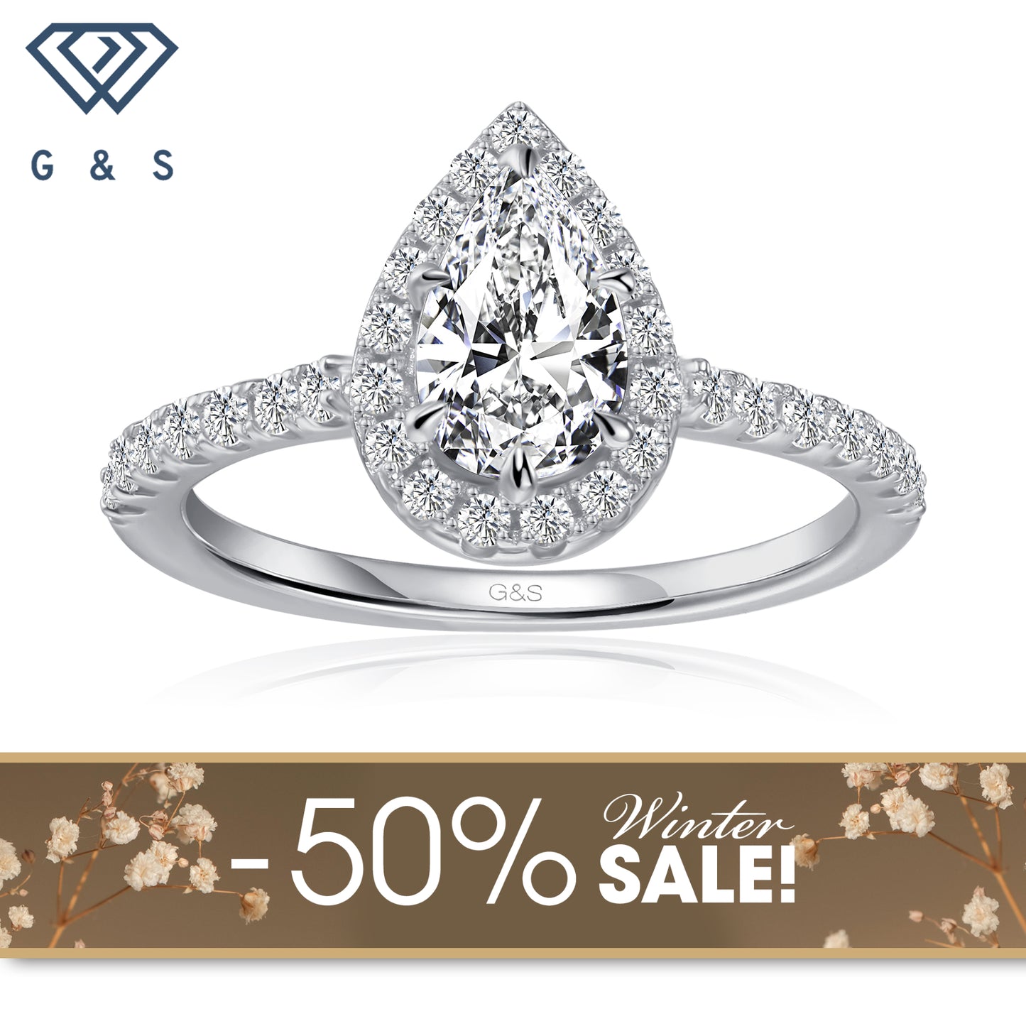 Forever Classic Halo Pear Shape Moissanite Engagement Ring - Winter Sale