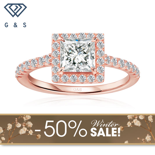 Forever Classic Halo Princess Cut Moissanite Engagement Ring - 18ct Rose Gold Plated - Winter Sale