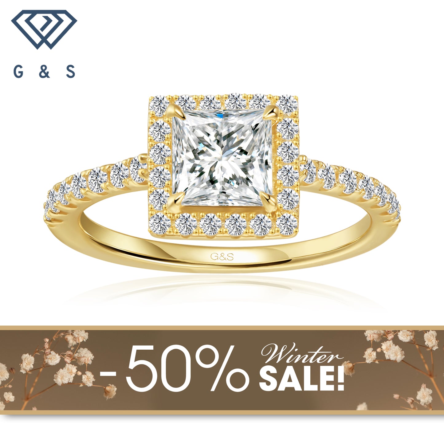 Forever Classic Halo Princess Cut Moissanite Engagement Ring - 18ct Yellow Gold Plated - Winter Sale