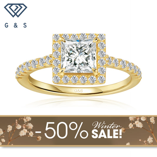 Forever Classic Halo Princess Cut Moissanite Engagement Ring - 18ct Yellow Gold Plated - Winter Sale