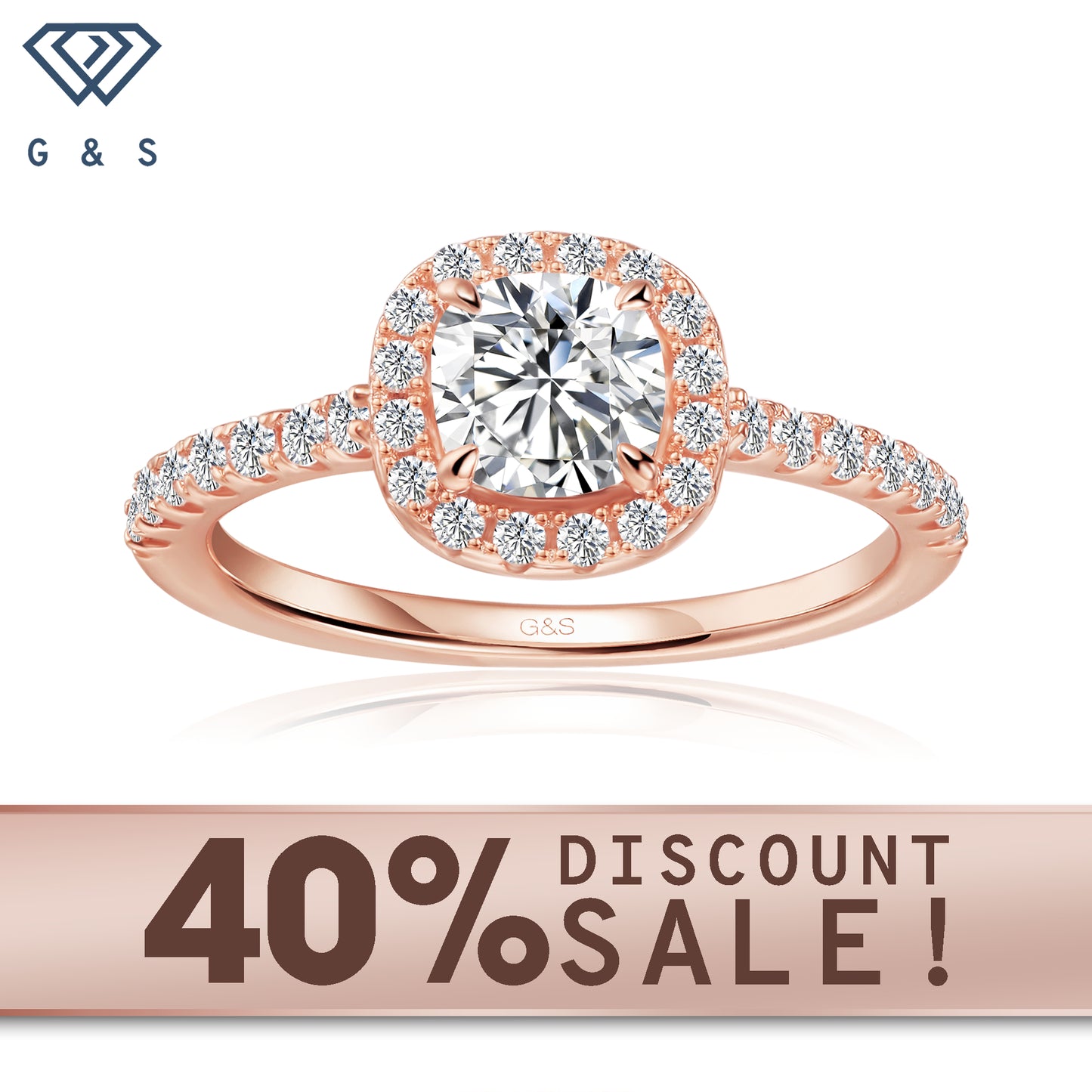 Forever Classic Halo cushion cut moissanite engagement ring in 9ct rose gold.