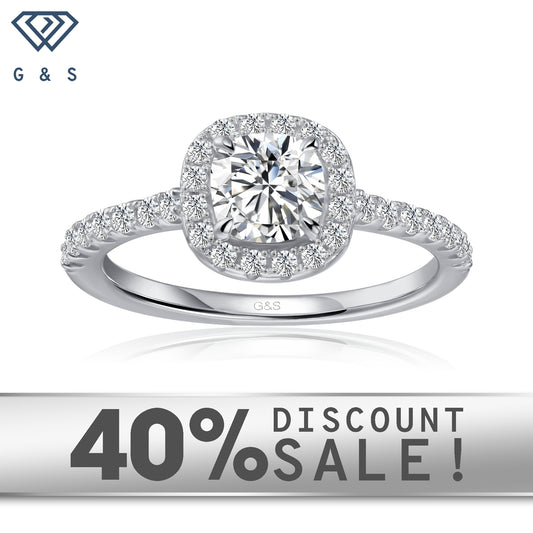 Forever Classic Halo cushion cut moissanite engagement ring set in 9ct white gold.
