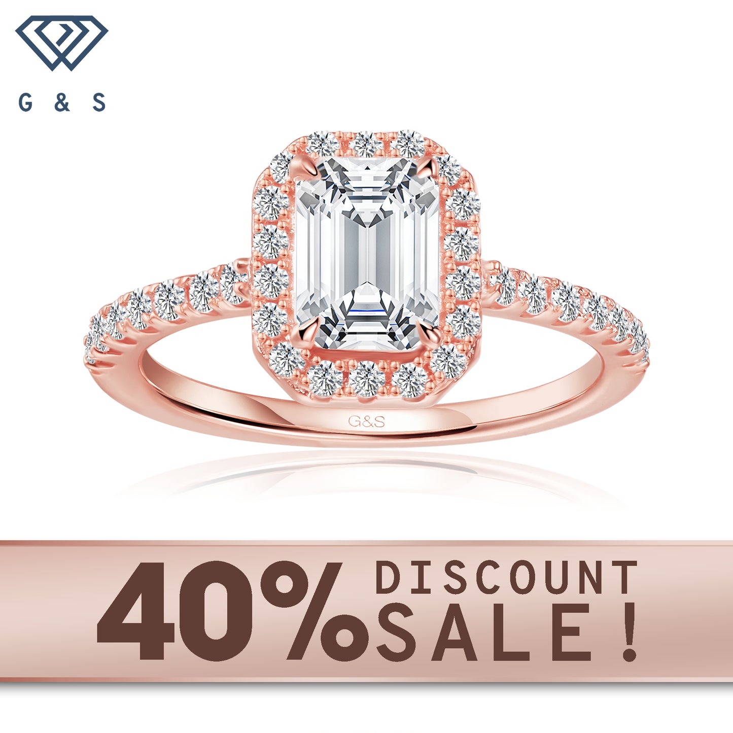 Forever Classic Halo emerald cut moissanite engagement ring in 9ct rose gold.