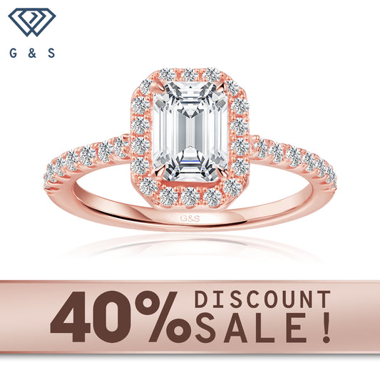 Forever Classic Halo emerald cut moissanite engagement ring in 9ct rose gold.