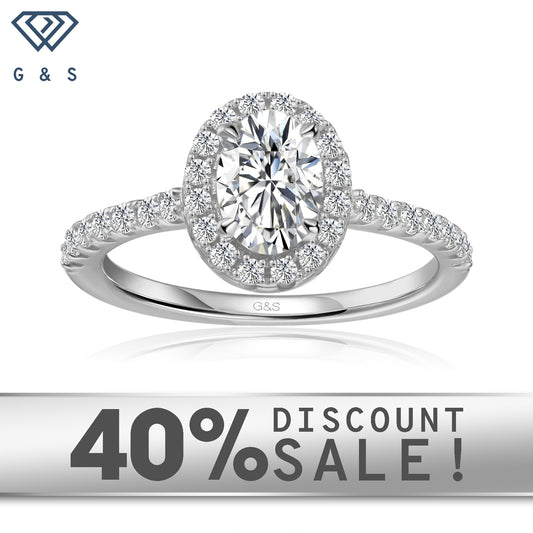 Forever Classic Halo oval cut moissanite engagement ring set in 9ct white gold.