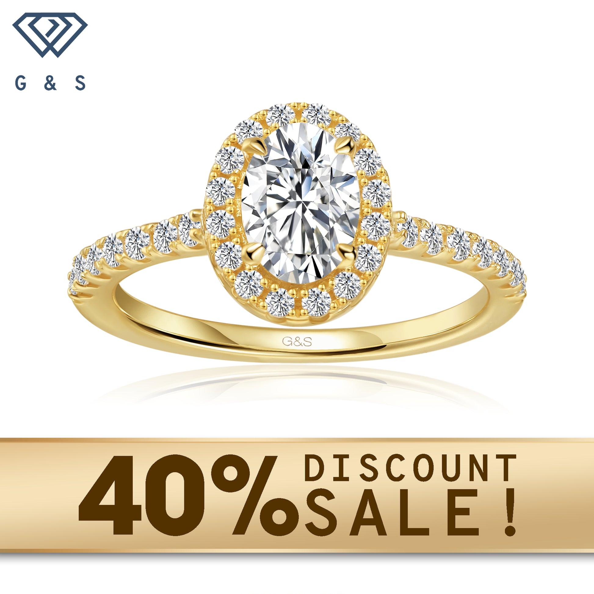 A 9ct yellow gold engagement ring featuring an oval cut moissanite encircled by a sparkling halo.