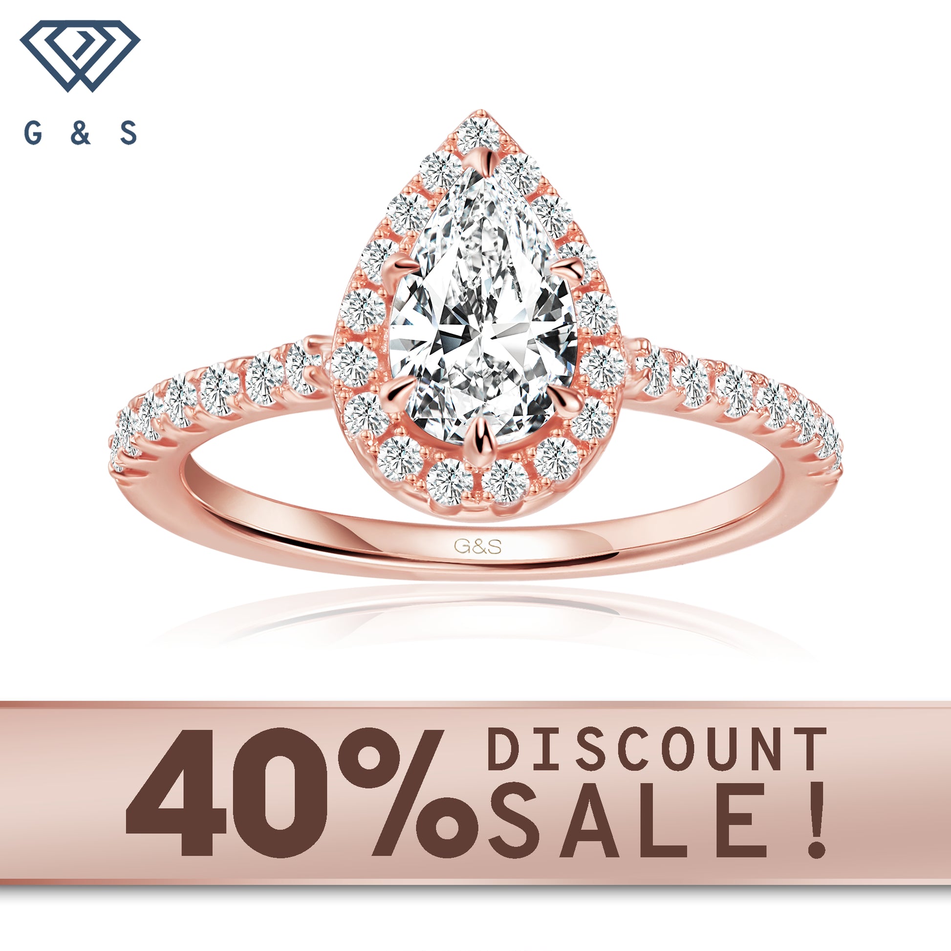 Forever Classic Halo pear-shaped moissanite engagement ring set in 9ct rose gold.