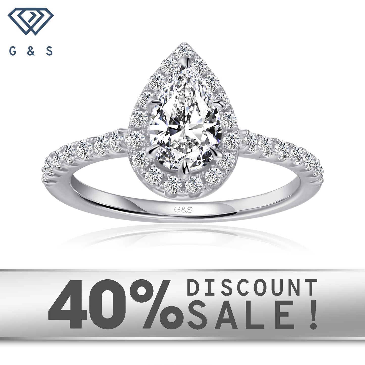 Forever Classic Halo pear-shaped moissanite engagement ring set in 9ct white gold.