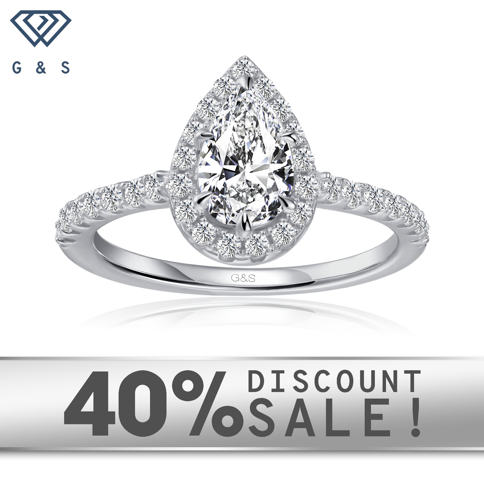 Forever Classic Halo pear-shaped moissanite engagement ring set in 9ct white gold.