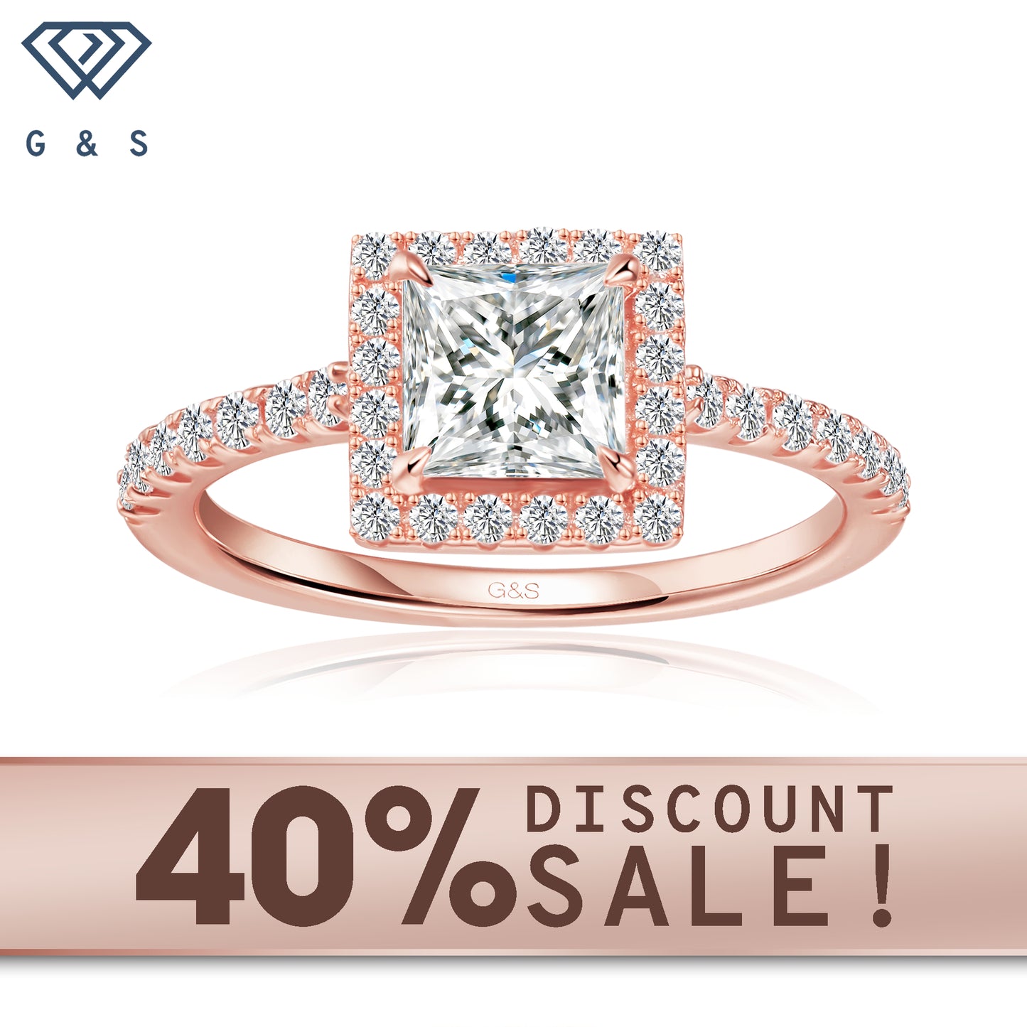 Forever Classic Halo princess cut moissanite engagement ring in 9ct rose gold.